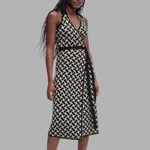 Diane Von Furstenberg Black White Geometric Print Sleeveless Maxi Wrap Dress XXS